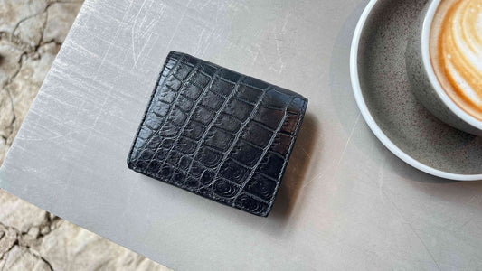 クロコダイル革|小さい二つ折り財布|マット加工 ブラック/ダークブラウン|Shakhnoza
