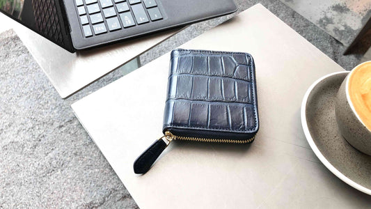クロコダイル革|ラウンドジップウォレット|マット加工 紺/茶褐|Shakhnoza