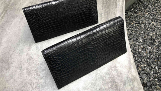 クロコダイル革|薄いミニマル長財布|センター取り|マット加工 黒/黒|Shakhnoza