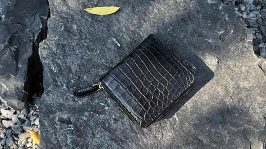 クロコダイル革|ラウンドジップウォレット|マット加工 黒|Shakhnoza