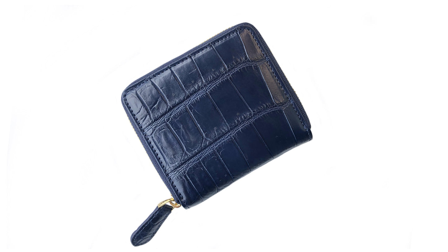 ネイビー色クロコダイル革のジップウォレット|ミニ財布