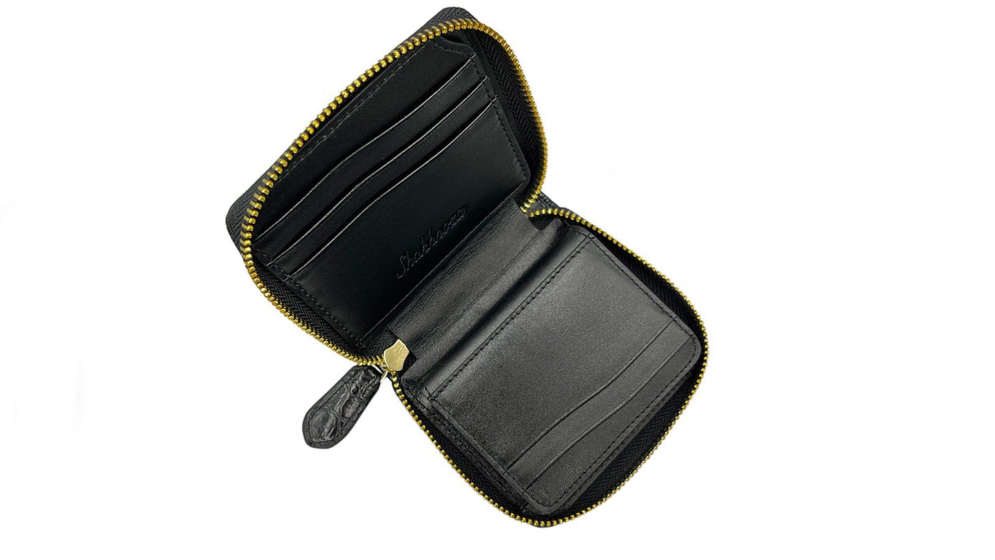ブラック色クロコダイル革のジップウォレット|ミニ財布