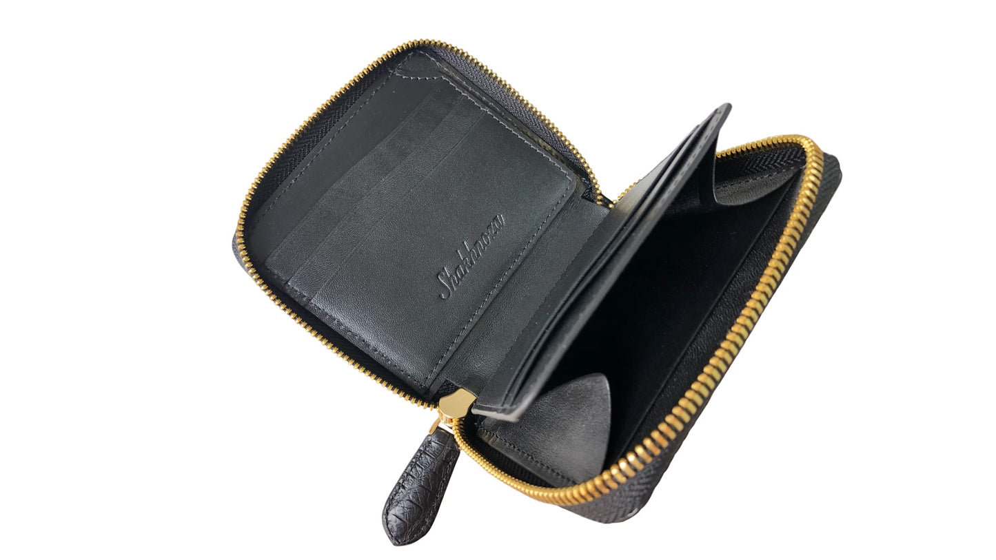 ブラック色クロコダイル革のジップウォレット|ミニ財布