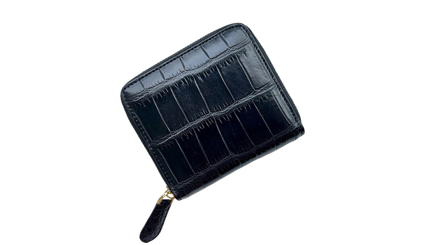 ブラックとターコイズ色クロコダイル革のジップウォレット|ミニ財布