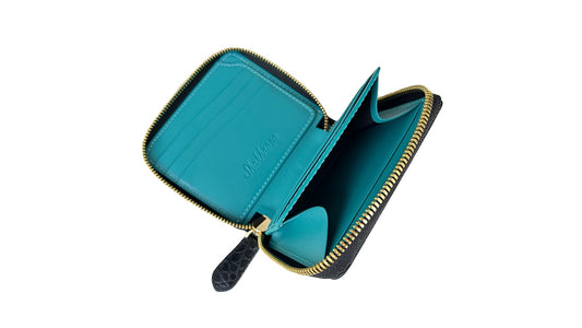 ブラックとターコイズ色クロコダイル革のジップウォレット|ミニ財布