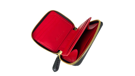 ブラックと赤色クロコダイル革のジップウォレット|ミニ財布