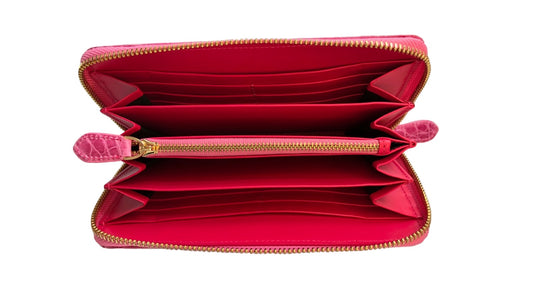 シャイニング加工のクロコダイル革ピンク色ラウンドファスナー長財布