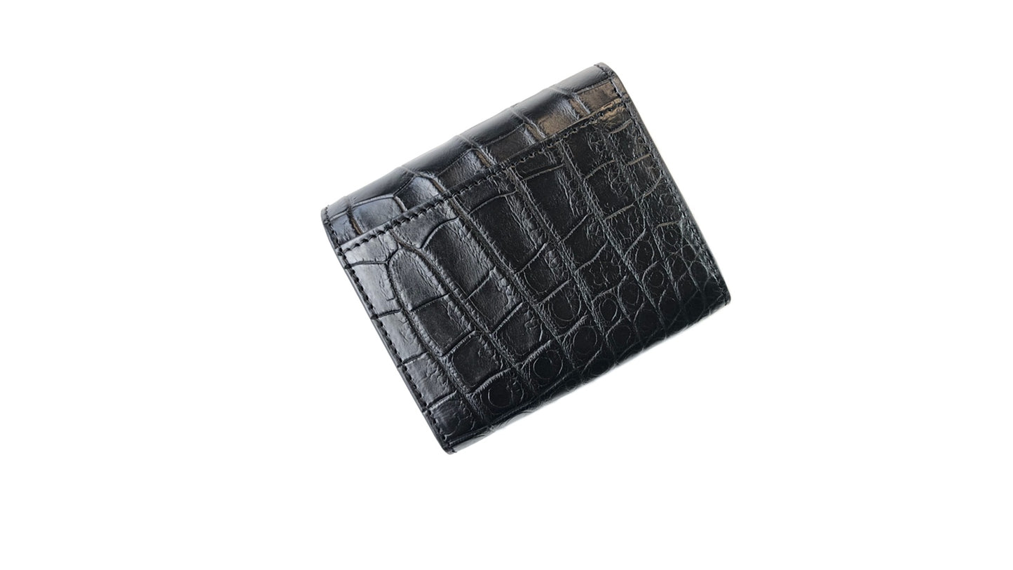 黒と深緋色クロコダイル革の二つ折りミニ財布 カードポケット