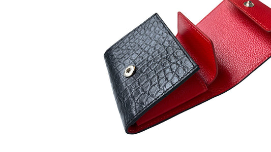 黒と深緋色クロコダイル革の二つ折りミニ財布 コインケース