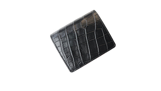 黒と深緋色クロコダイル革の二つ折りミニ財布 腑模様