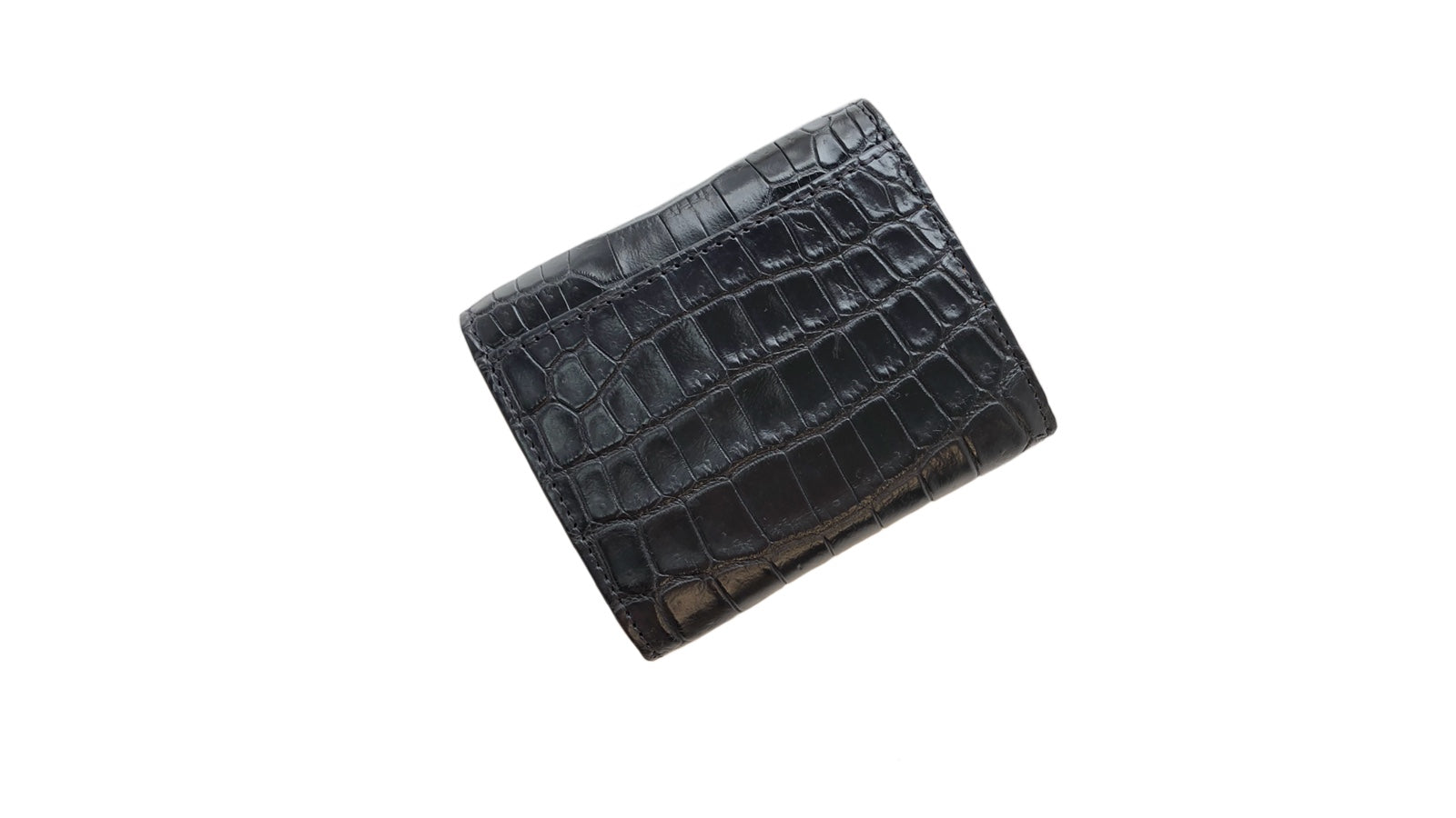黒と橙色クロコダイル革の二つ折りミニ財布 カードポケット