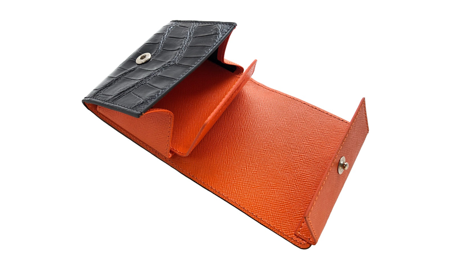 黒と橙色クロコダイル革の二つ折りミニ財布 小銭入れ