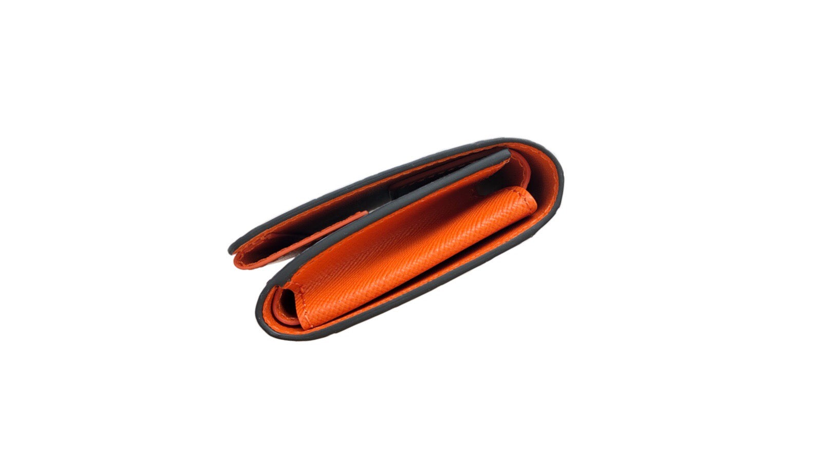 黒と橙色クロコダイル革の二つ折りミニ財布 側面