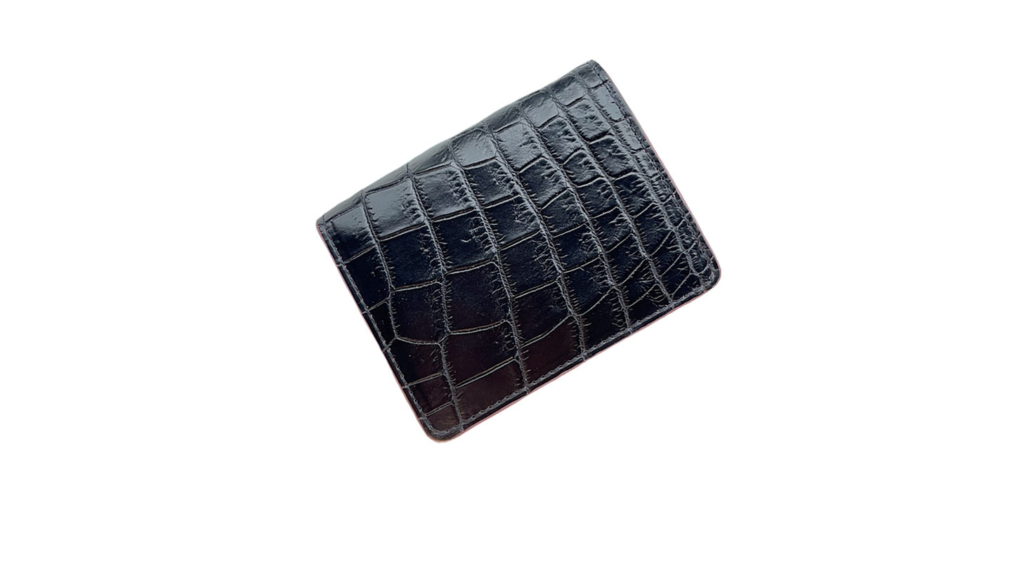 お札が折れないクロコダイル革三つ折りミニ財布 黒/紫