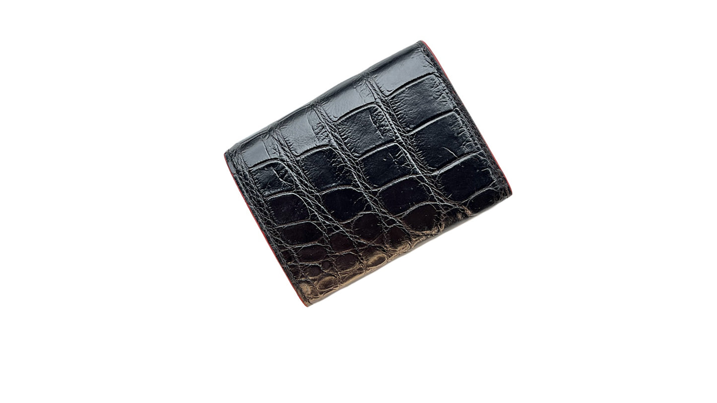 お札が折れないクロコダイル革三つ折りミニ財布 ブラック/レッド