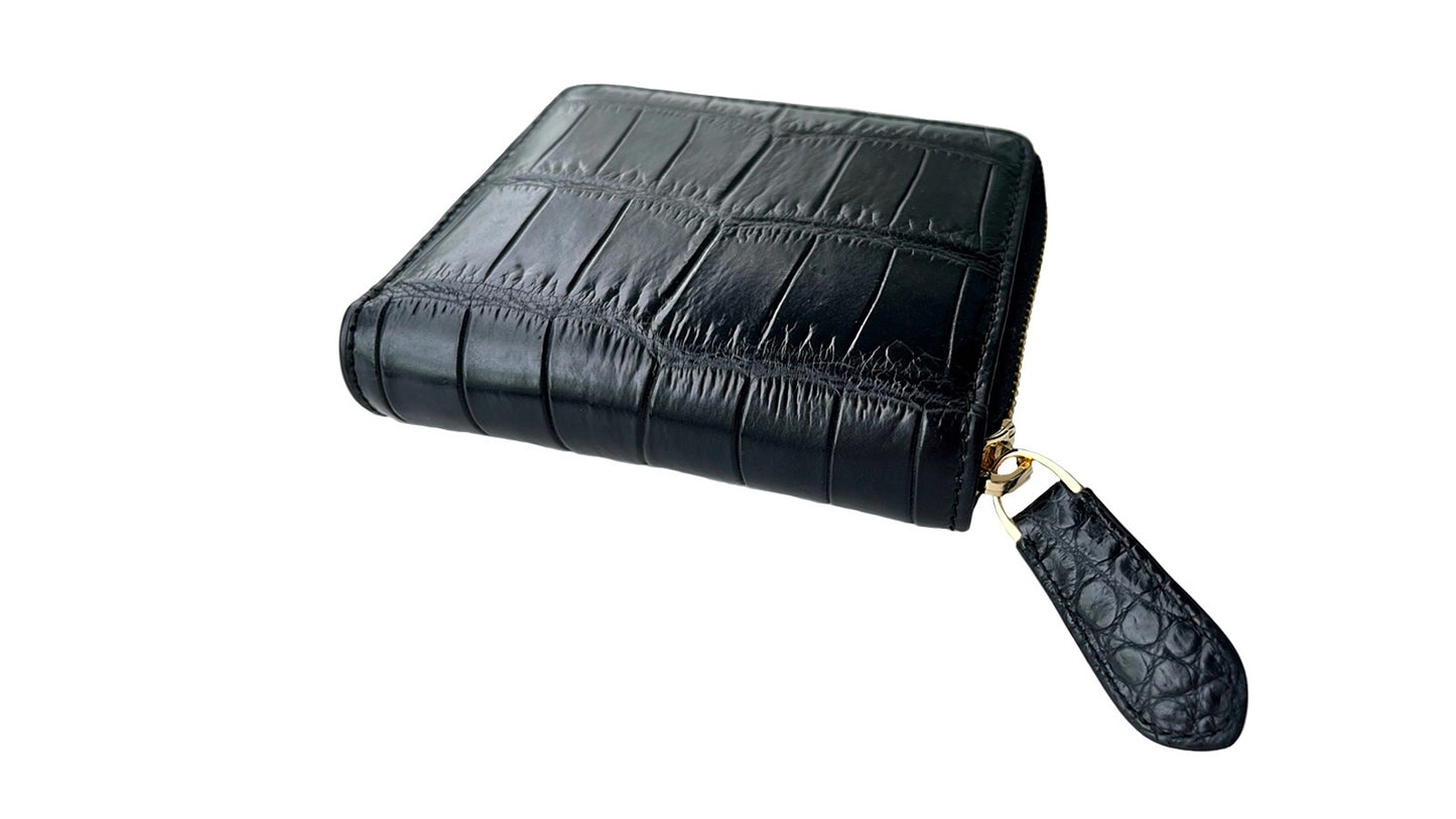 ブラックとターコイズ色クロコダイル革のジップウォレット｜ミニ財布