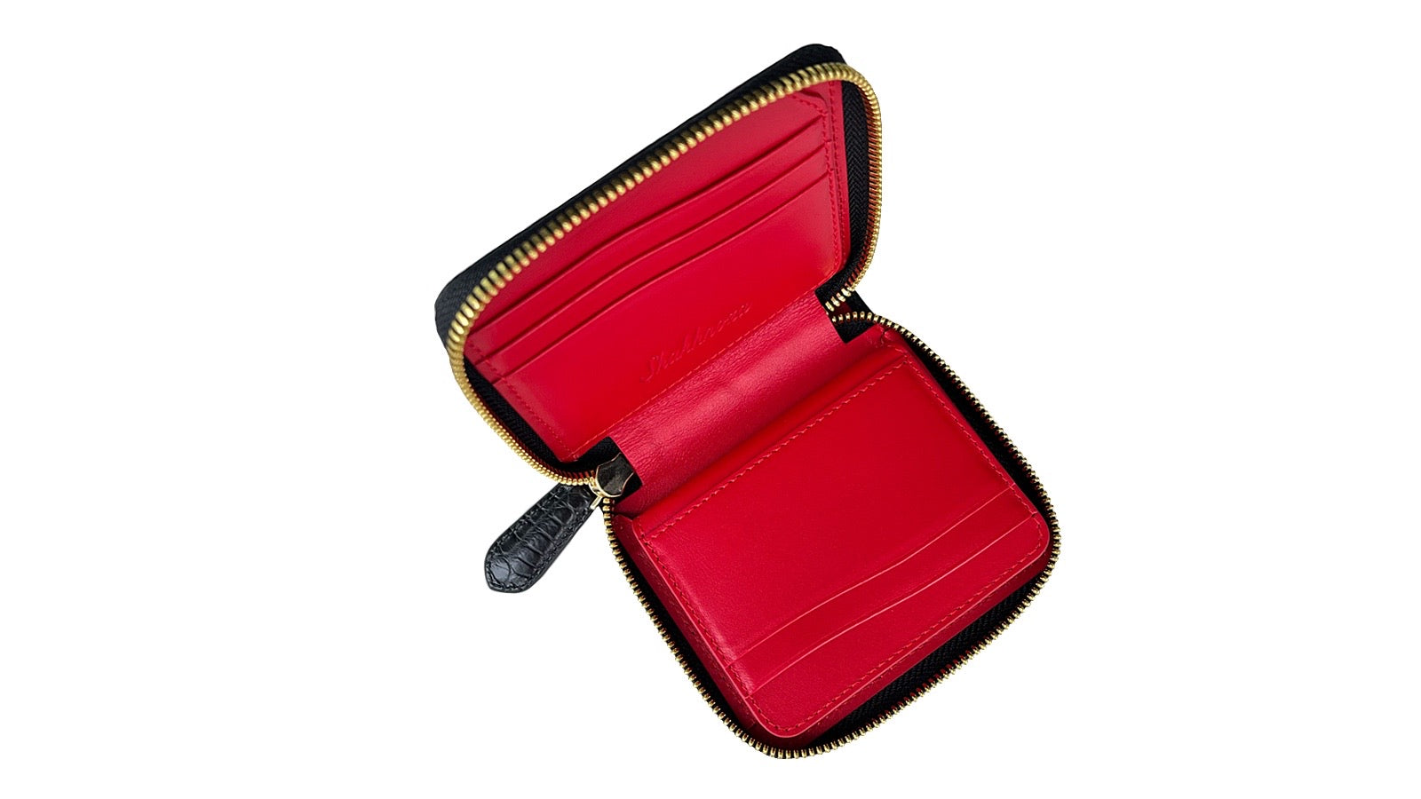 ブラックと赤色クロコダイル革のジップウォレット｜ミニ財布
