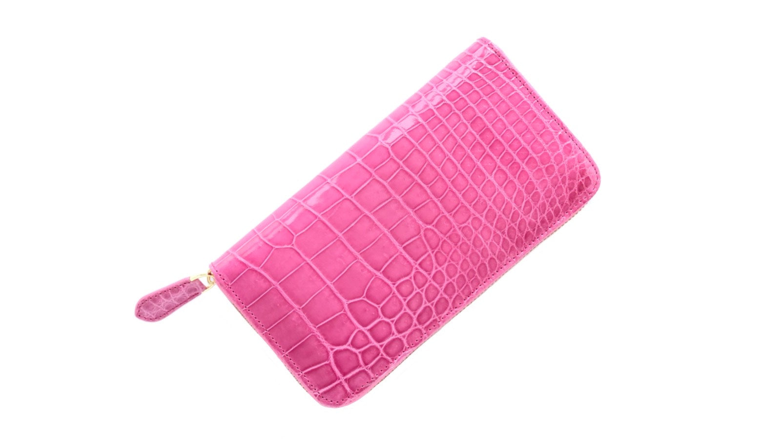 シャイニング加工のクロコダイル革ピンク色ラウンドファスナー長財布